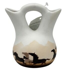 Vtg Cedar Mesa Native American Made Pottery Wedding Vase Wild Horses Signed 2004